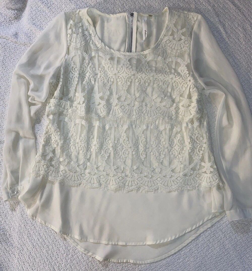 NY Collection Ivory Lace & Chiffon Mixed Media Top Medium Romantic Boho Cream